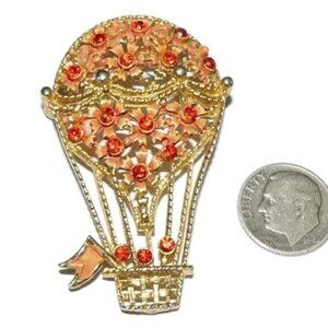 Up Up and Away Large Orange Rhinestone Hot Air Balloon Brooch